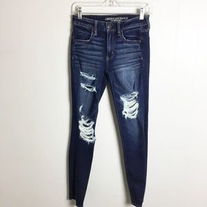 America Eagle Distressed Jeans Jeggings Dark Blue Size 6 Women’s Super Stretch